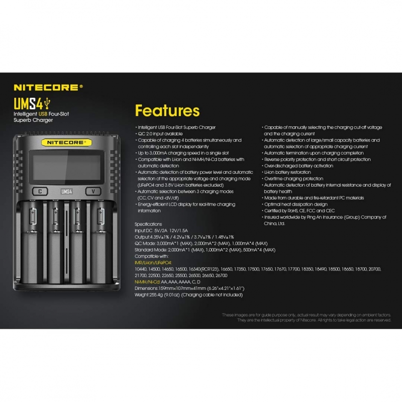 Nitecore UM4 USB Universal 4-Port Smart Charger for Li-Ion/Ni-MH/Ni-Cd/IMR 26650 22650 21700 20700 18650 18490 18350 17670 17500 17335 16340 RCR123 14500 10440 AA AAA AAAA - Image 5