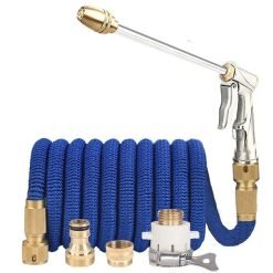 Telescopic Garden Hose with High Pressure Nozzle & 3 Adapters – Expands up to 3X its Length