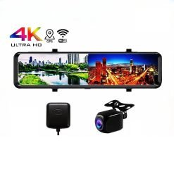 12” 4K UHD Smart Mirror Dash Cam with Sony Sensor, GPS & WiFi – Front & Rear Recording + 24Hr Parking Monitor