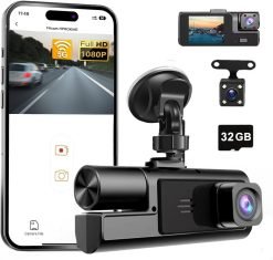 WiFi 3-Channel 1080P Dash Cam with Night Vision & Infrared Cabin Camera – Front, Inside & Rear Recording
